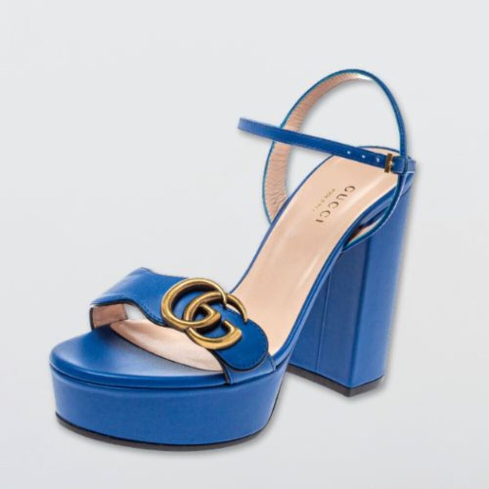 Gucci Lifford Platform Sandals GG Marmont Ankle Wrap Leather Bright Blue 41 NIB
